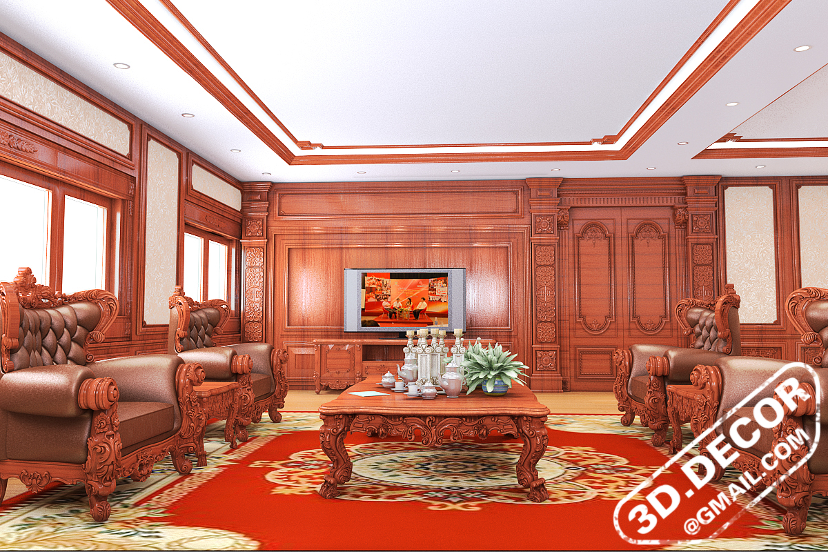 Phòng khách được thiết kế hoàn toàn bằng đồ gỗ tự nhiên
